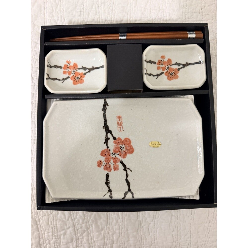 New In Box Japanese Ceramic Sushi Set for two Orange Plum Blossom Design